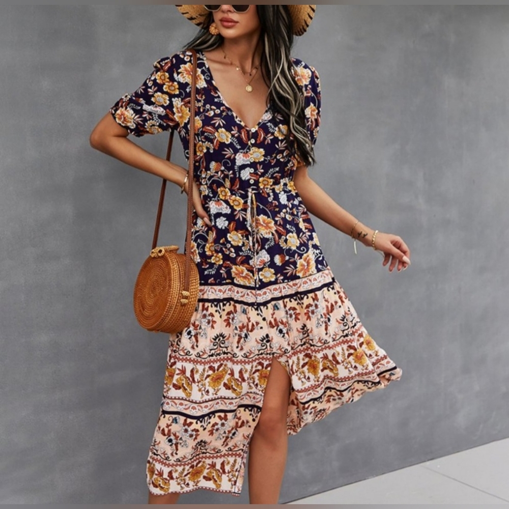 Womens BOHO Floral Dress V Neck Maxi Size Small